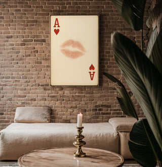 Kiss Card Art Print – Romantic Playing Card Poster with Lipstick Mark on Ace of Hearts, Bold Vintage - Inspired Wall Art for Lovers - Just Great Posters