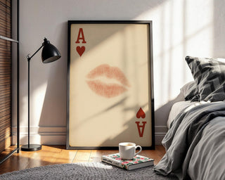 Kiss Card Art Print – Romantic Playing Card Poster with Lipstick Mark on Ace of Hearts, Bold Vintage - Inspired Wall Art for Lovers - Just Great Posters