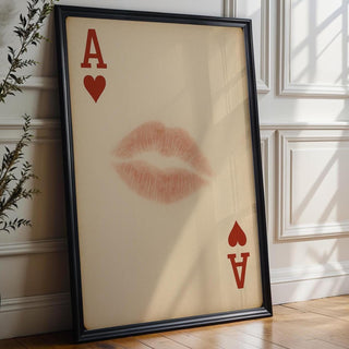Kiss Card Art Print – Romantic Playing Card Poster with Lipstick Mark on Ace of Hearts, Bold Vintage - Inspired Wall Art for Lovers - Just Great Posters