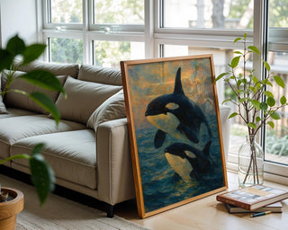 Orca Whale Painting Print – Two Killer Whales Breaching at Sunset in Impressionist Style, Serene Ocean Wall Art for Nature Lovers - Just Great Posters