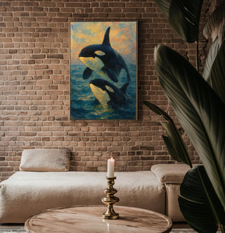 Orca Whale Painting Print – Two Killer Whales Breaching at Sunset in Impressionist Style, Serene Ocean Wall Art for Nature Lovers - Just Great Posters