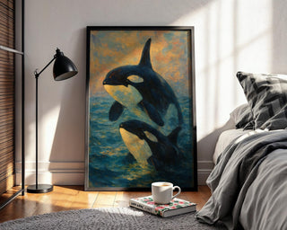 Orca Whale Painting Print – Two Killer Whales Breaching at Sunset in Impressionist Style, Serene Ocean Wall Art for Nature Lovers - Just Great Posters