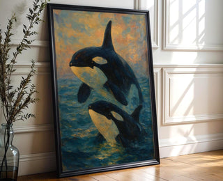 Orca Whale Painting Print – Two Killer Whales Breaching at Sunset in Impressionist Style, Serene Ocean Wall Art for Nature Lovers - Just Great Posters