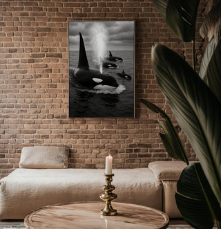 Orca Whale Family Print – Black & White Ocean Photo of Pod Surfacing, Moody Wildlife Wall Art for Sea Lovers and Modern Nature Print - Just Great Posters