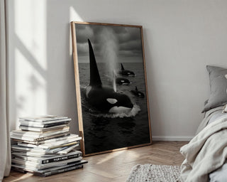 Orca Whale Family Print – Black & White Ocean Photo of Pod Surfacing, Moody Wildlife Wall Art for Sea Lovers and Modern Nature Print - Just Great Posters