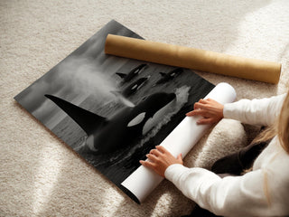 Orca Whale Family Print – Black & White Ocean Photo of Pod Surfacing, Moody Wildlife Wall Art for Sea Lovers and Modern Nature Print - Just Great Posters