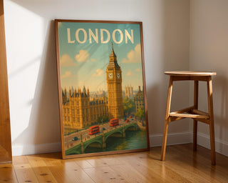 London Travel Poster – Vintage Style Big Ben & Double - Decker Bus Art Print, Retro UK Cityscape Wall Decor, Free Shipping - Just Great Posters