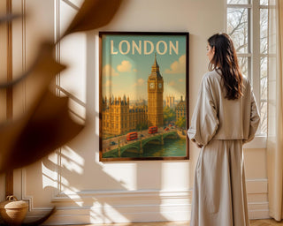 London Travel Poster – Vintage Style Big Ben & Double - Decker Bus Art Print, Retro UK Cityscape Wall Decor, Free Shipping - Just Great Posters