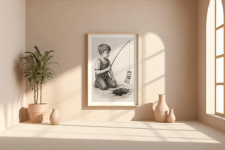 Cynical Fishing Art Print – Surreal Pencil Drawing of Boy with Dollar over Abyss, Satirical Wall Art - Just Great Posters