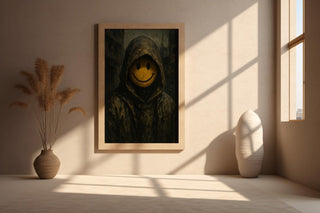 Dystopian Smiley Face Art – Dark Hooded Figure with Grinning Mask, Surreal Gothic Wall Print - Just Great Posters