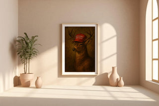 MAGA Deer Portrait Print – Political Animal Art in Vintage Oil Painting Style with Satirical Edge - Just Great Posters