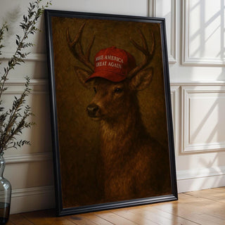 MAGA Deer Portrait Print – Political Animal Art in Vintage Oil Painting Style with Satirical Edge - Just Great Posters