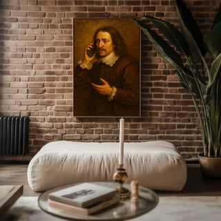 Baroque Man on Cell Phone – Funny Vintage Style Portrait with Modern Twist, Surreal Art Print - Just Great Posters