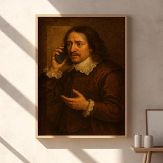 Baroque Man on Cell Phone – Funny Vintage Style Portrait with Modern Twist, Surreal Art Print - Just Great Posters