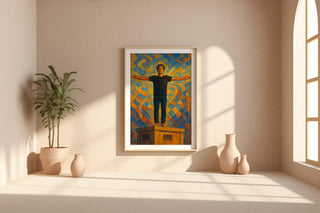 Empowerment Abstract Art Print – Bold Figure with Outstretched Arms, Expressionist Wall Art in Blue & Gold - Just Great Posters