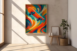 Skateboard Wall Art – Bold Abstract Skater Print in Red, Orange, and Teal with Retro Vibes - Just Great Posters