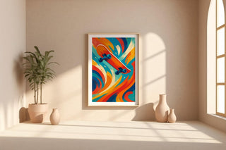 Skateboard Wall Art – Bold Abstract Skater Print in Red, Orange, and Teal with Retro Vibes - Just Great Posters