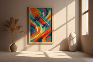 Skateboard Wall Art – Bold Abstract Skater Print in Red, Orange, and Teal with Retro Vibes - Just Great Posters