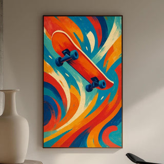 Skateboard Wall Art – Bold Abstract Skater Print in Red, Orange, and Teal with Retro Vibes - Just Great Posters