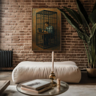Corporate Cage Art Print – Surreal Modern Painting of Man Trapped at Laptop in Prison Cell - Just Great Posters