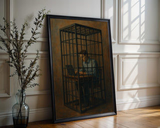 Corporate Cage Art Print – Surreal Modern Painting of Man Trapped at Laptop in Prison Cell - Just Great Posters