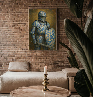 Porcelain Knight Art Print – Chinoiserie pattern - Surreal Blue Floral Armor Wall Art with Sword and Shield - Old Master Style - Just Great Posters