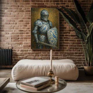 Porcelain Knight Art Print – Chinoiserie pattern - Surreal Blue Floral Armor Wall Art with Sword and Shield - Old Master Style - Just Great Posters