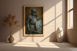 Porcelain Knight Art Print – Chinoiserie pattern - Surreal Blue Floral Armor Wall Art with Sword and Shield - Old Master Style - Just Great Posters