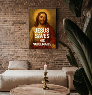 Funny Jesus Wall Art – “Jesus Saves His Voicemails” Print with Vintage Religious Painting Style - Just Great Posters