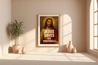 Funny Jesus Wall Art – “Jesus Saves His Voicemails” Print with Vintage Religious Painting Style - Just Great Posters