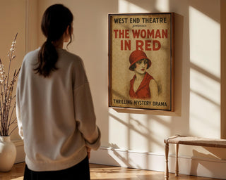 The Woman in Red Theatre Poster – Vintage Mystery Drama Print with Retro Femme Fatale Flair - Just Great Posters