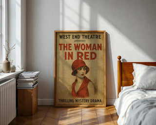 The Woman in Red Theatre Poster – Vintage Mystery Drama Print with Retro Femme Fatale Flair - Just Great Posters