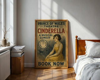 Cinderella Musical Comedy Poster – Vintage Fairytale Theatre Print with Clock and Coach Motif - Just Great Posters