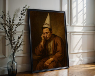 Not Elon Musk in Dunce Hat Renaissance Art Print – Funny Historical Painting Parody, Moody Satire Wall Art, Weird Gift for Smart People - Just Great Posters