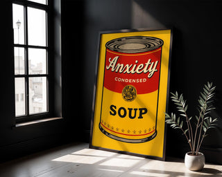 Anxiety Soup Pop Art Print – Funny Mental Health Wall Art, Bold Warhol Inspired Digital Poster, Satirical Self - Care Decor - Just Great Posters