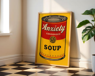 Anxiety Soup Pop Art Print – Funny Mental Health Wall Art, Bold Warhol Inspired Digital Poster, Satirical Self - Care Decor - Just Great Posters