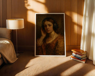 Vintage Girl With Headphones Print – Funny Classical Painting Remix, Lo - Fi Aesthetic Digital Wall Art, Moody Music Poster - Just Great Posters