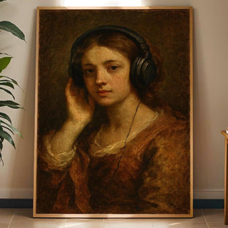 Vintage Girl With Headphones Print – Funny Classical Painting Remix, Lo - Fi Aesthetic Digital Wall Art, Moody Music Poster - Just Great Posters