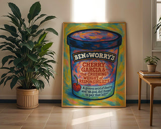 Cherry Garcia Responsibility Poster – Funny Anxiety Wall Art, Ben & Worry’s Ice Cream Parody, Physical Mental Health Print Shipped - Just Great Posters