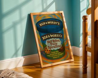 Half Baked Fully Spiralling Print – Funny Ice Cream Poster, Anxiety Wall Art, Ben & Worry’s Mental Health Parody, Shipped Art Print - Just Great Posters