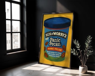 Panic Pecan Poster – Funny Ice Cream Mental Health Print, Anxiety Parody Wall Art, Ben & Worry’s Physical Poster Shipped to You - Just Great Posters