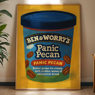 Panic Pecan Poster – Funny Ice Cream Mental Health Print, Anxiety Parody Wall Art, Ben & Worry’s Physical Poster Shipped to You - Just Great Posters
