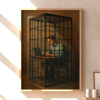 Corporate Cage Art Print – Surreal Modern Painting of Man Trapped at Laptop in Prison Cell - Just Great Posters