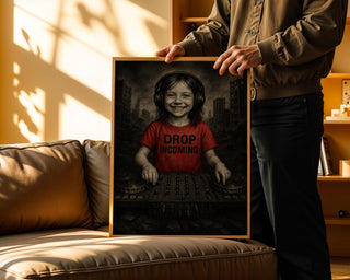 Smiling Kid DJ in Dystopian Ruins | Drop Incoming Tee Art Print | Dark Humour Wall Art | Apocalyptic Music Poster | Free Shipping - Just Great Posters
