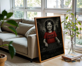 Smiling Kid DJ in Dystopian Ruins | Drop Incoming Tee Art Print | Dark Humour Wall Art | Apocalyptic Music Poster | Free Shipping - Just Great Posters