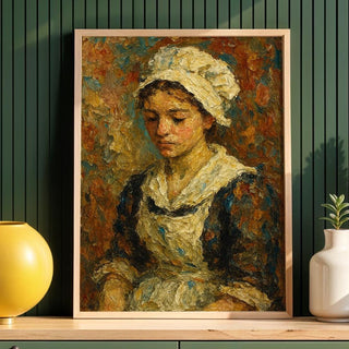 Textured Maid Portrait Print | Classic Oil Style Painting Wall Art | Vintage - Inspired Emotional Figure Study | Free Shipping - Just Great Posters