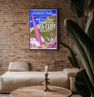 Vintage Travel Poster Print – Sea Cliff WPA Reprint from 1930s World’s Fair – Bold Modernist Landscape with Coastal Town Artwork - Just Great Posters