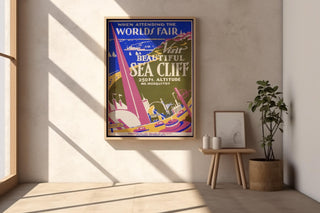 Vintage Travel Poster Print – Sea Cliff WPA Reprint from 1930s World’s Fair – Bold Modernist Landscape with Coastal Town Artwork - Just Great Posters