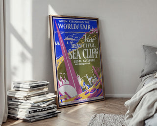 Vintage Travel Poster Print – Sea Cliff WPA Reprint from 1930s World’s Fair – Bold Modernist Landscape with Coastal Town Artwork - Just Great Posters