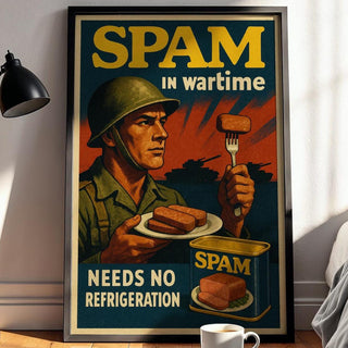 SPAM in Wartime Poster | Funny Retro Food Ad Print with Soldier Artwork | Vintage Kitchen or Man Cave Wall Art | Free Shipping Always - Just Great Posters